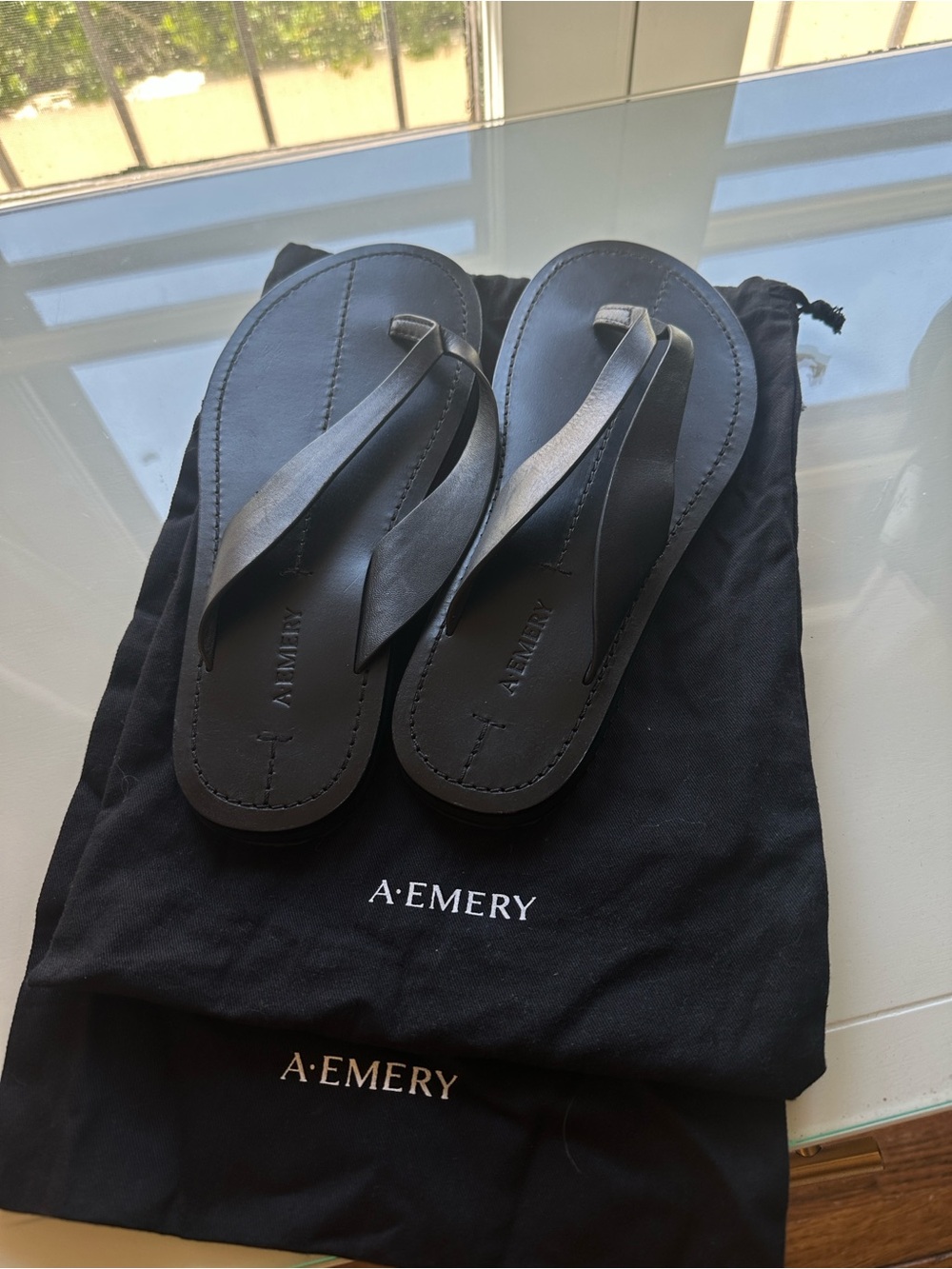 A.Emery Flora Black Leather Flip Flop Sandals
